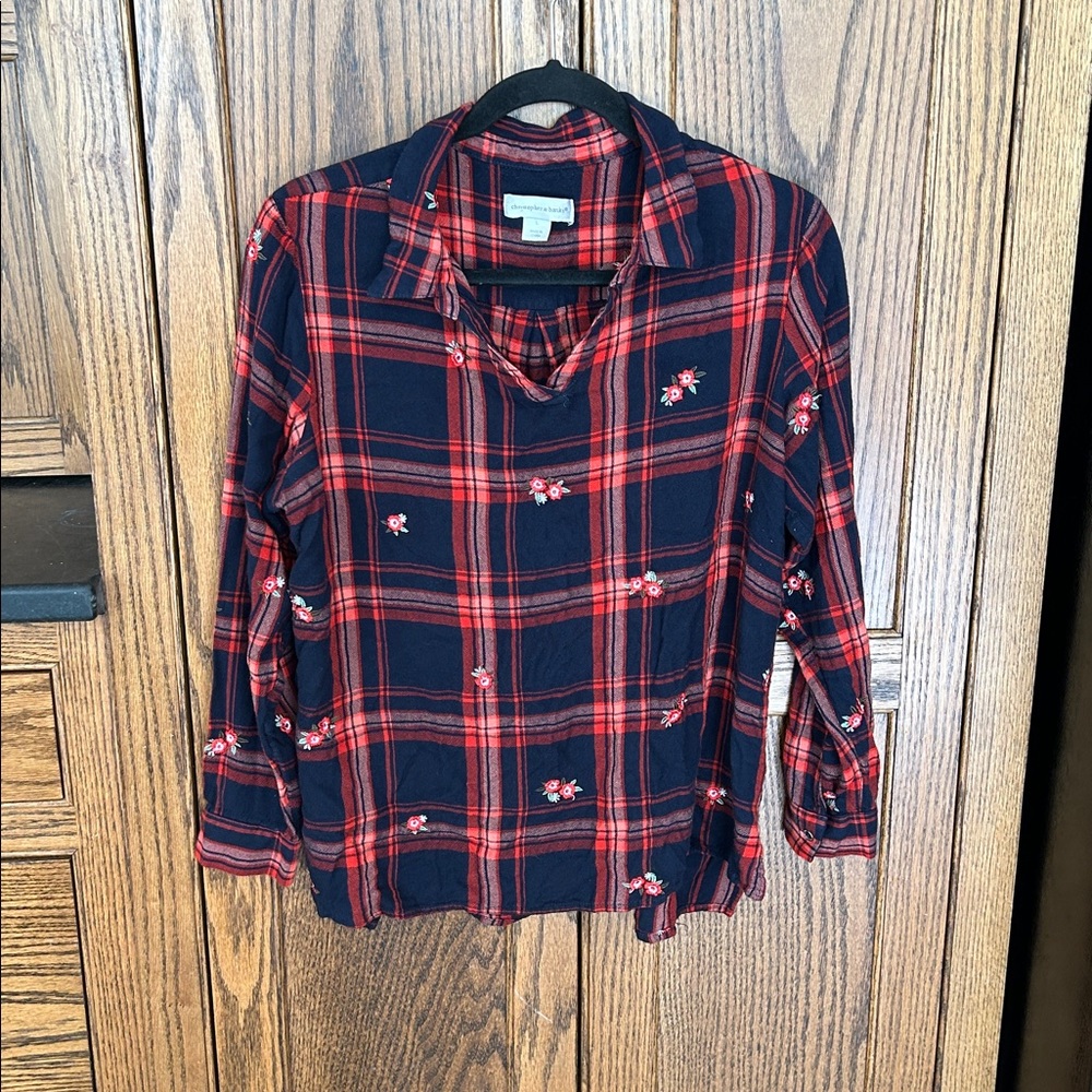 Christopher & Banks Plaid Embroidered Floral‎ Flannel Collared Top Shirt Large